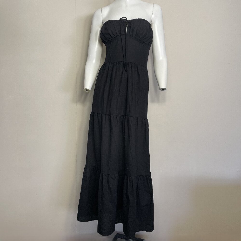 Princess Polly Linen Cotton Tiered Maxi Sundress Dress Sz 4 S Black Sleeveless